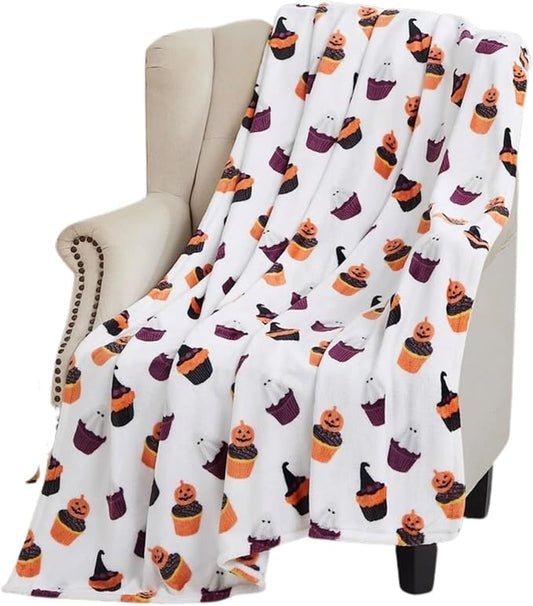 Halloween Ghost Fleece Throw Blanket, Cute Ghosts & Pumpkins, 50x60 | Ultra-soft cozy flannel fleece, for sofa bed couch chair & dorms, spooky Halloween décor, durable and machine washable.