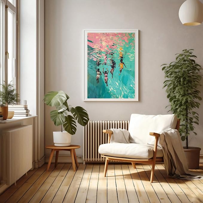 Minimalist Women Picture Print Swimming Girls Poster 16x24 Inch Unframed | Black People Poster Black Women Art African American Wall Art Afro Woman Print for Dorm Living Room Bedroom Apartment Home