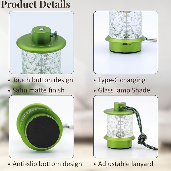 Cordless Small Table Lamp, Metal Glass, Lanyard, Rechargeable, Dimmable