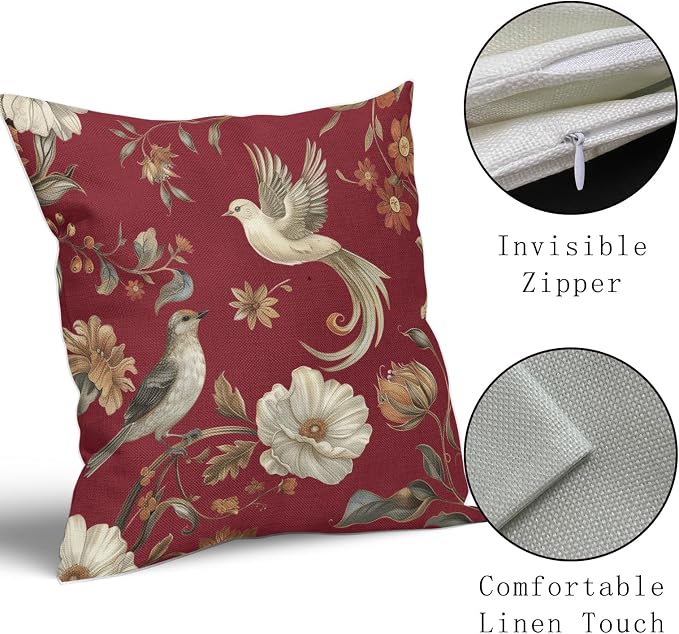 Kawani Vintage Floral Pillow Covers 22x22 Inch Set of 2 Red Chinoiserie Flower and Bird Outdoor Decorative Throw Pillows Retro Rustic Pillowcases Farmhouse Cushion Covers for Couch Home Decor