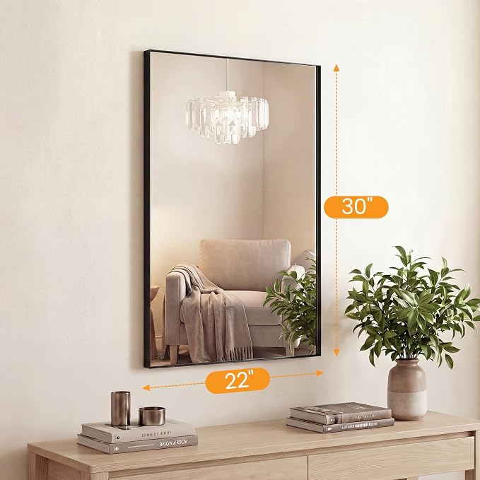 Bathroom Mirrors for Over Sink, 22" x 30" Rectangle Wall Mount Mirror with Metal Frame, Modern Vanity Mirror with Tempered Glass, for Home Decor, Anti-Rust, Black