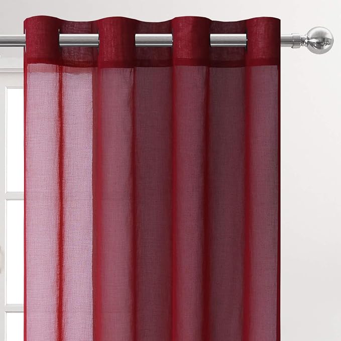 DWCN Burgundy Sheer Curtains, Faux Linen Grommet Window Curtain Voile Sheer Drapes for Living Room Bedroom Thanksgiving Day & Christmas Decor Set of 2 Panels 52 x 45 Inch Long, Burgundy Red