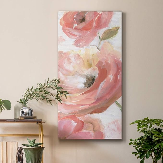 Renditions Gallery Canvas Floral Wall Art Modern Paintings & Prints Decorations Pink Blooming Flowers Glam Vibrant Botanical Wall Hanging Artwork for Bedroom Office Kitchen - 12"x24" LT43