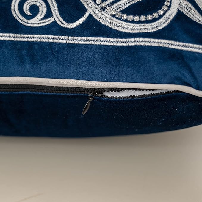 Aeckself European Floral Pillow Cover 18x18 Inch, Luxury Velvet Embroidered Decorative Throw Pillow Cover for Couch Bedroom Living Room, Navy Blue and White