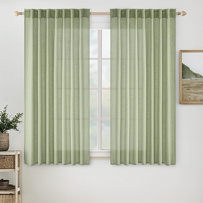 MIULEE Sage Green Linen Curtains 52x54 Inch Length 2 Panels for Bedroom | Living Room,Soft Thick Linen Textured Short Window Drapes,Semi Sheer Light Filtering,Back Tab Rod Pocket, Burlap Look Decor
