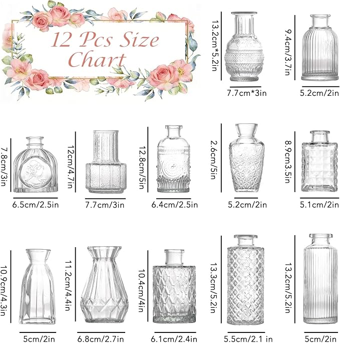 12 Pcs Glass Bud Vase Set, Small Glass Vases for Flowers, Mini Clear Bud Vases for Centerpieces, Wedding, Home, Office and Table Decoration, Clear