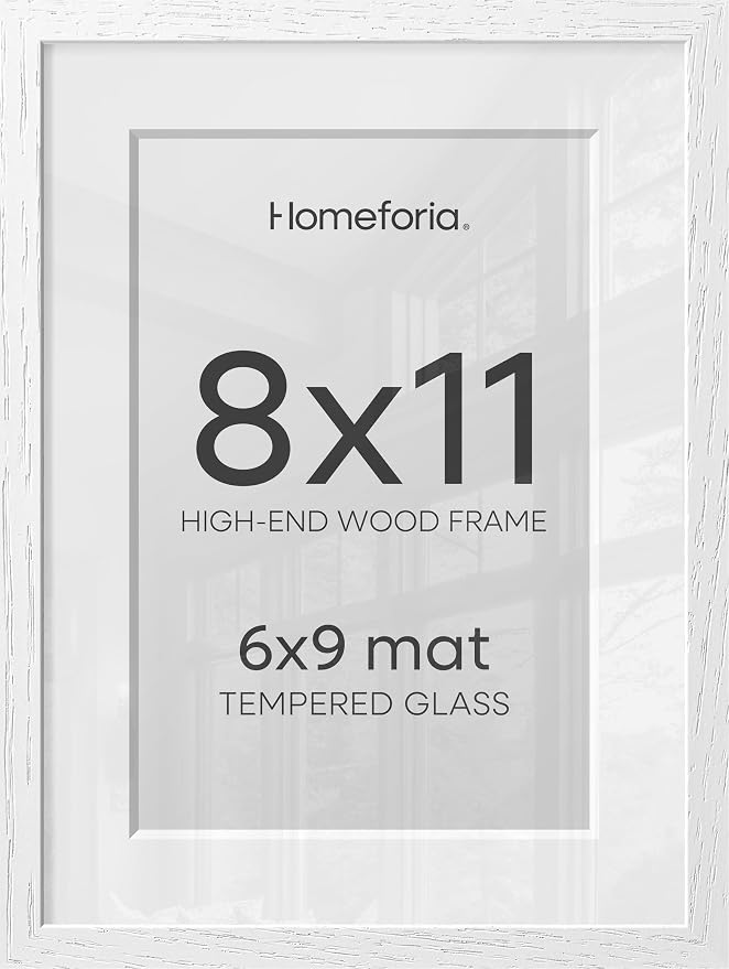 Homeforia 8x11 White Oak Picture Frame, High-End Wood, 6x9 Mat, Glass