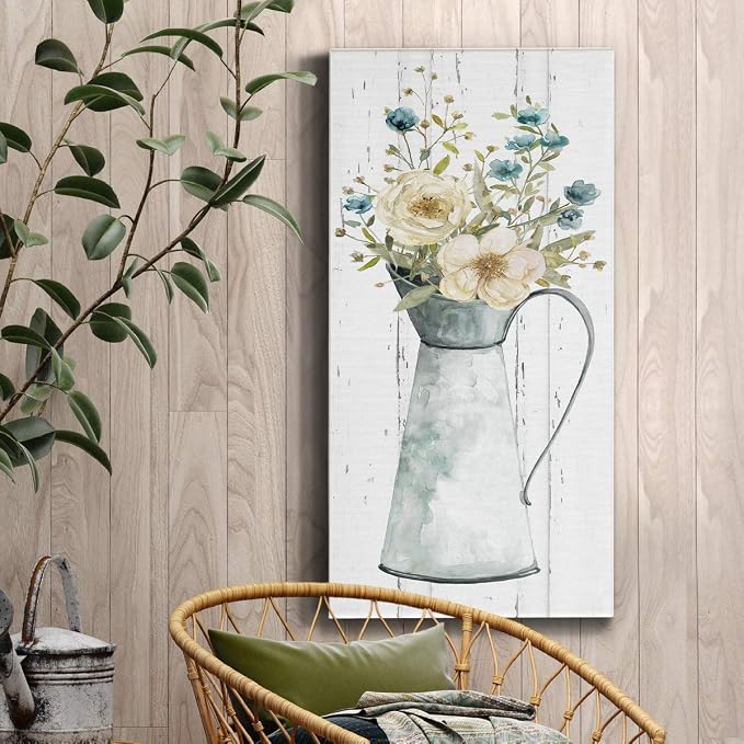 Renditions Gallery Canvas Flowers Wall Art Modern Decorations Paintings Elegant Floral Vase Glam Botanical Romantic Bouquet Wall Hanging Artwork for Office Bedroom Kitchen - 12"x24" LT43
