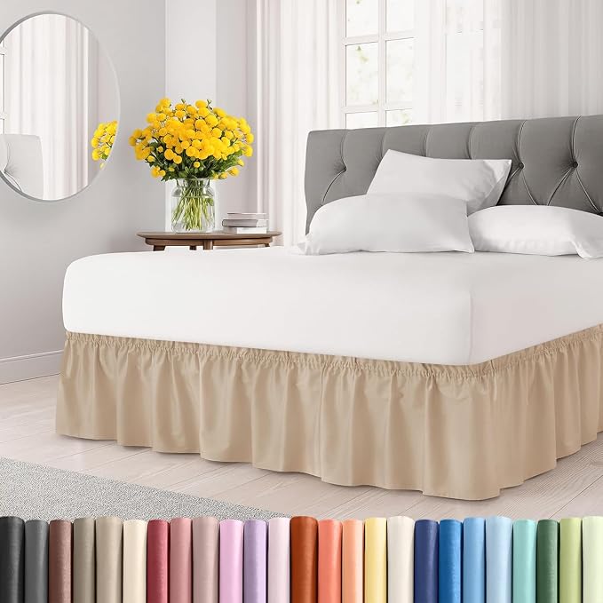 Wrap Around Dust Ruffle Bed Skirt, Full Size Beds - 24 Inch Drop, Cream | Easy Fit Elastic Strap, Adjustable Pleated Bedskirt w/Brushed Fabric, Wrinkle & Fade Free, for Women, Men, Kids & Teens