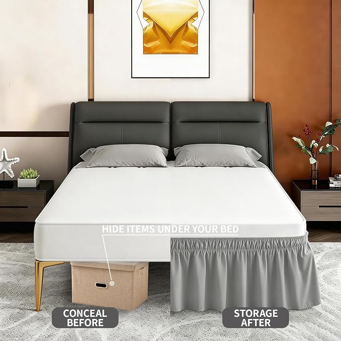 ANARACHON Twin Bed Skirt, Elastic Wrap Around Bed Skirt Twin Size, Bed Skirts for Adjustable Bed, Easy Fit with 14" Drop Length Tailored Drop Dust Ruffle (Grey)