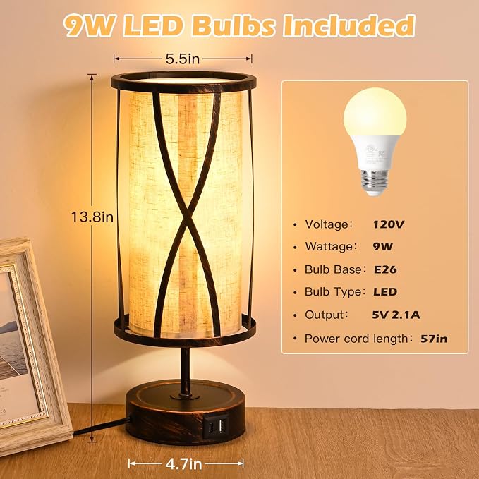 Distressed Table Lamps for Living Room, 3 Way Dimmable Touch Lamps, Small Bedside Lamps with LED Bulbs, USB Ports C+A, Nightstand Lamp for Kids Room, Bedroom, Office (2 Pack Iron)