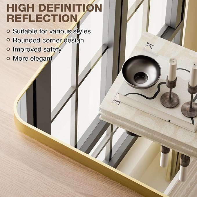 22"x30" Bathroom Mirror for Over Sink, Brushed Gold Rectangle Vanity Mirror | Aluminum Alloy Frame, Clear Reflection, Rust-Resistant, Vertical or Horizontal, Wall Mount, Bedroom and Entryway