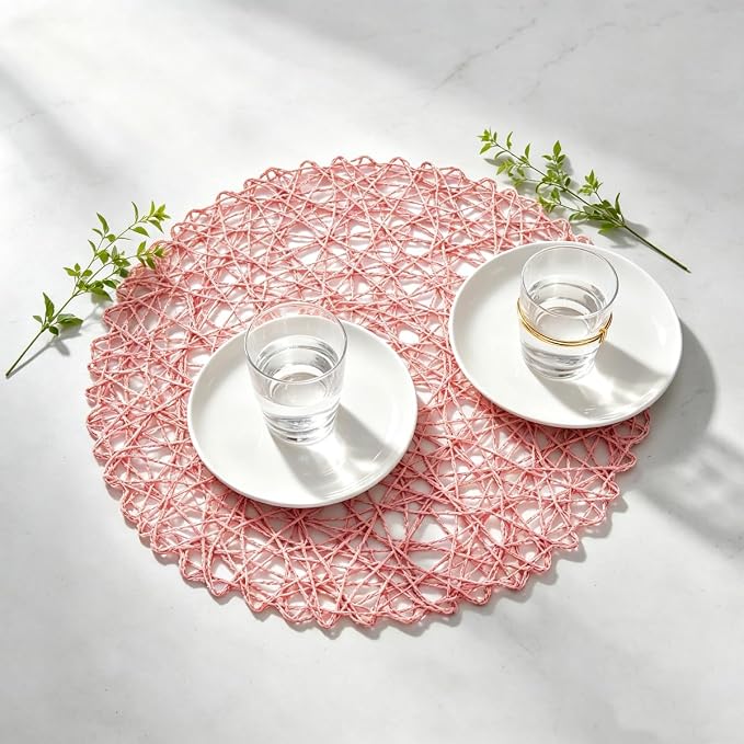 IcosaMro Pink Round Placemats Set of 12 for Dining Table, 13 Inches Paper Woven Boho Small Decorative Circle Place Mat for Wedding Christmas Thanksgiving Day Holiday Dinner, Pink