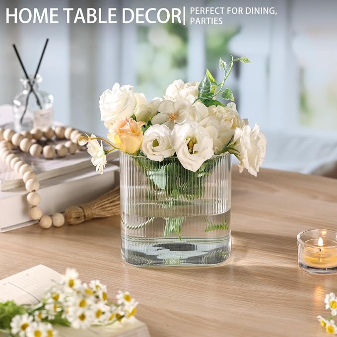 Square Clear Glass Vases Set of 6, 5" x 5" x 5" Flower Vases for Centerpieces, Square Vase for Centerpieces, Small Ribbed Flower Vases for Wedding, Party, Home Office Decoration