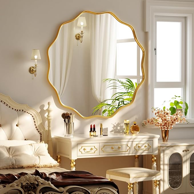 30" Decorative Scalloped Round Wall Mirror, Wavy Metal Deep Frame, Gold | Circle Mirror Wall Mounted for Bathroom, Bedroom, Entryway, Living Room