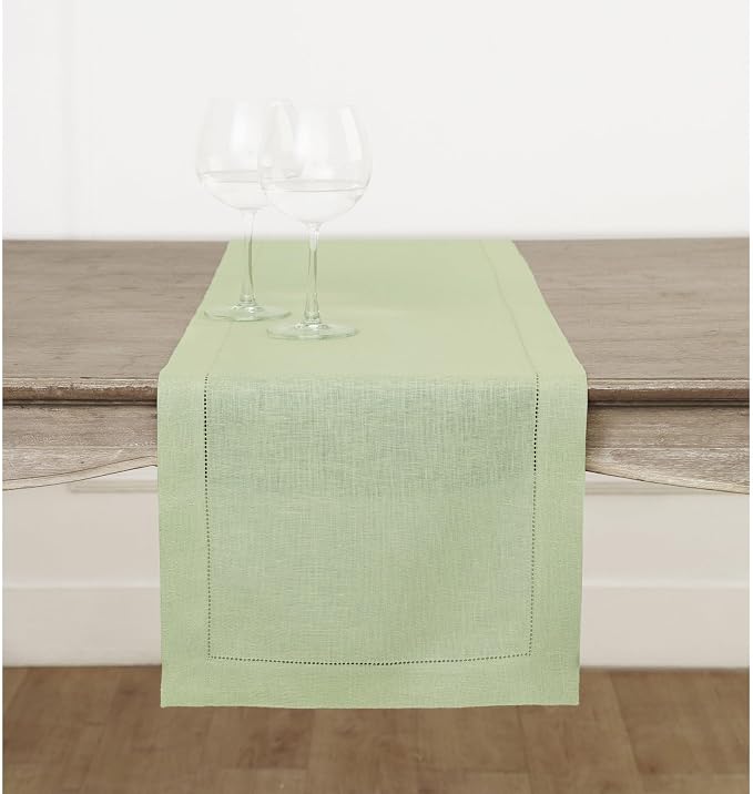 Solino Home 100% Linen Table Runner Green, Classic Hemstitch 14 x 90 in | a graceful centrepiece for dining and gatherings, hemstitched border, mitered corners, machine washable, OEKO-TEX Certified