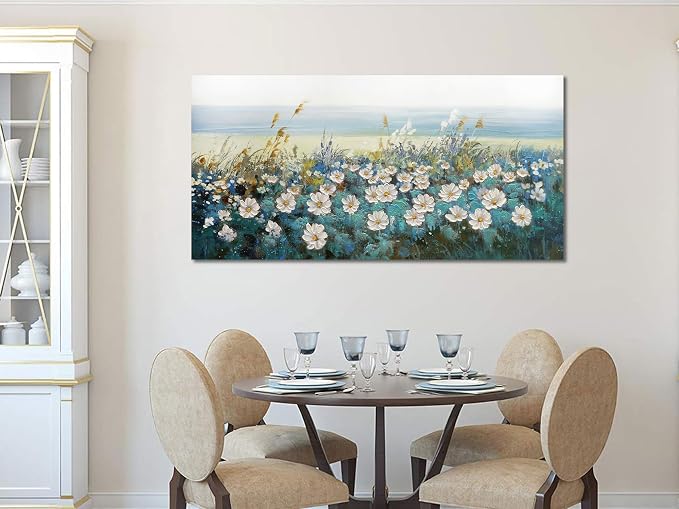 Arjun Flower Wall Art for Living Room, Teal Bedroom Canvas Daisy Floral Painting Landscape Picture Artwork Large Textured Office Home Dining Room Kitchen Wall Decor 40"x20"