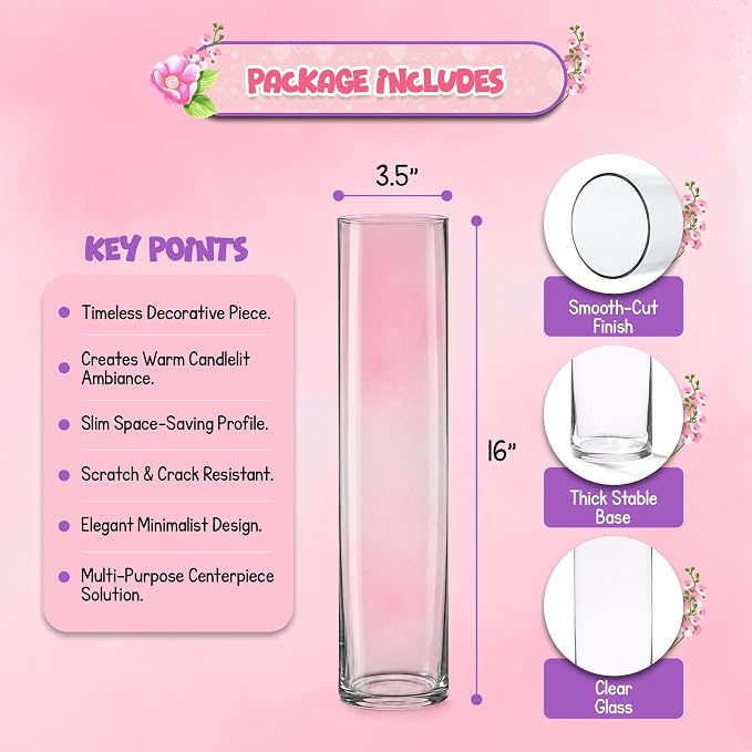 16" Tall Cylinder Glass Vase, 3.5" Wide - Clear Glass Vase for Centerpiece, Floor Vase, Flowers, Candle Holder, Wedding Table Decor by 4E's Novelty (Pack of 3)