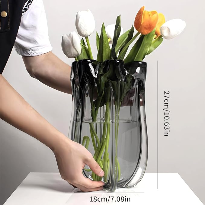 Modern Black Advanced Grey Glass Vase for Flowers, Hand Blown Art Glass Glass vase,Room Decoration and Centerpiece