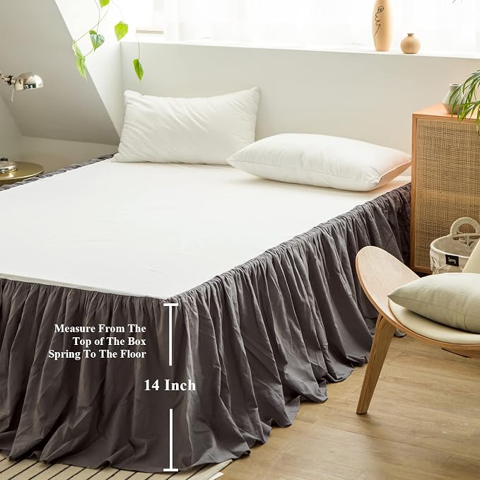 BISELINA French Linen Bed Skirt with Pleated Frills 14-Inch Tailored Drop Natural Flax Cotton Blend Dust Ruffle Soft Cozy Farmhouse Bedding (14" Twin, Ruffle Dark Grey)