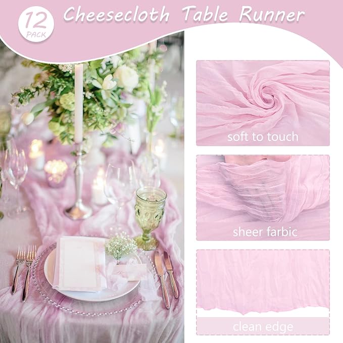 12 Pack 10Ft Cheesecloth Table Runner 35x120 Inch Boho Gauze Table Runner Rustic Cheese Cloth Long Romantic Table Runners for Wedding Bridal Shower Birthday Party Table Decor (Pink Purple)