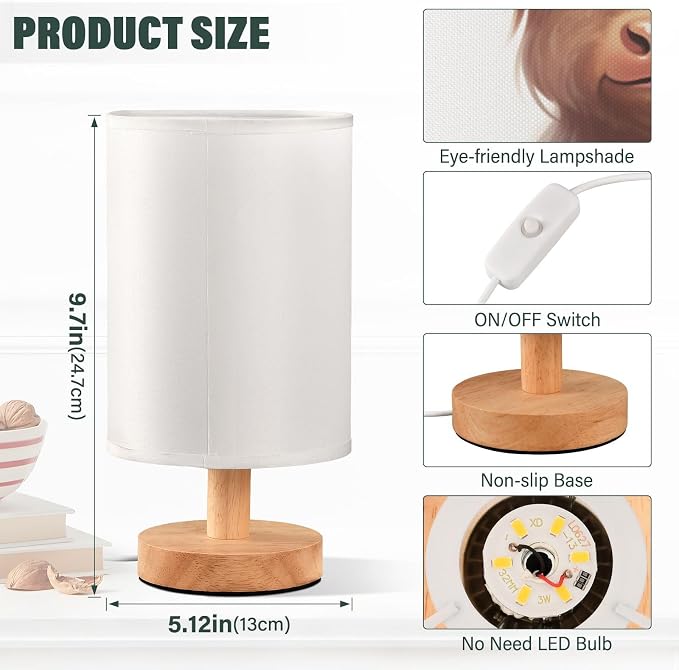 Bedside Table Lamp Cute Highland Cow Animal Nightstand Lamp with Wood Desk Lamps for Bedroom Living Room Nursery Office Home Decor
