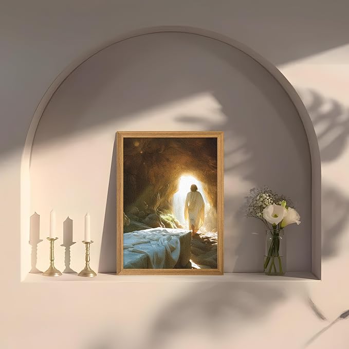 3D Textured Framed Easter Jesus Wall Art, Jesus Leaves the Tomb Christian Wall Decor Painting, Religion Resurrection Savior Picture Poster Print for Church Prayer Room Living Room 12x16 Inch