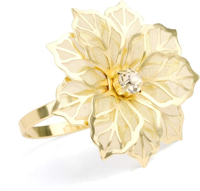 Picowe Set of 12 Alloy Napkin Rings with Hollow Out Flower Napkin Ring Holders for Wedding Party Holiday Banquet Christmas Dinner Delicate Serviette Buckles Decor Favor (Gold)