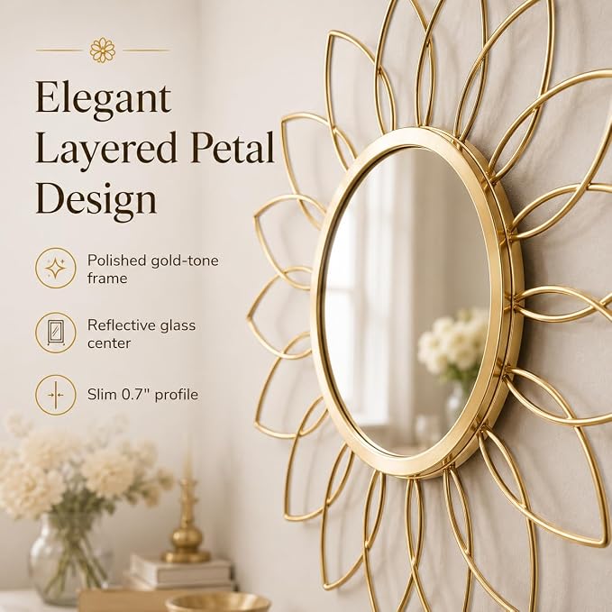 Gold Flower Mirror Set of 3, 3PCS Metal Round Decorative Wall Mirrors, Floral Petal Accent Mirror Wall Decor for Living Room, Bedroom, Entryway & Bathroom