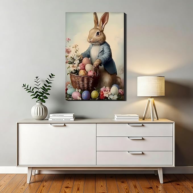 Vintage Easter Rabbit Eggs Canvas Art 12x18, Colorful Cozy Spring Bunny Pictures Wall Art, Perfect for Easter Bathroom Bedroom, Living Room Holiday Wall Decorations