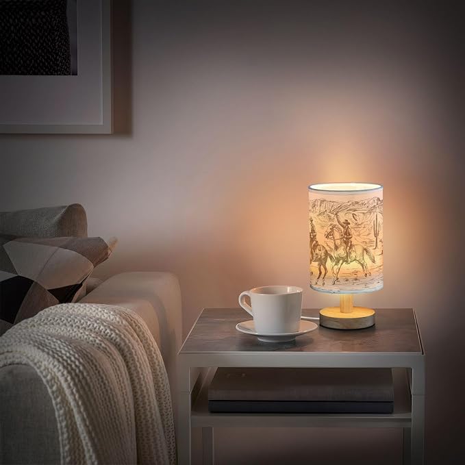 Bedside Lamp Western Desert Cowboy Table Lamp for Bedroom LED Nightstand Lamp Shade USB Ports Wood Base for Living Room Dorm Office