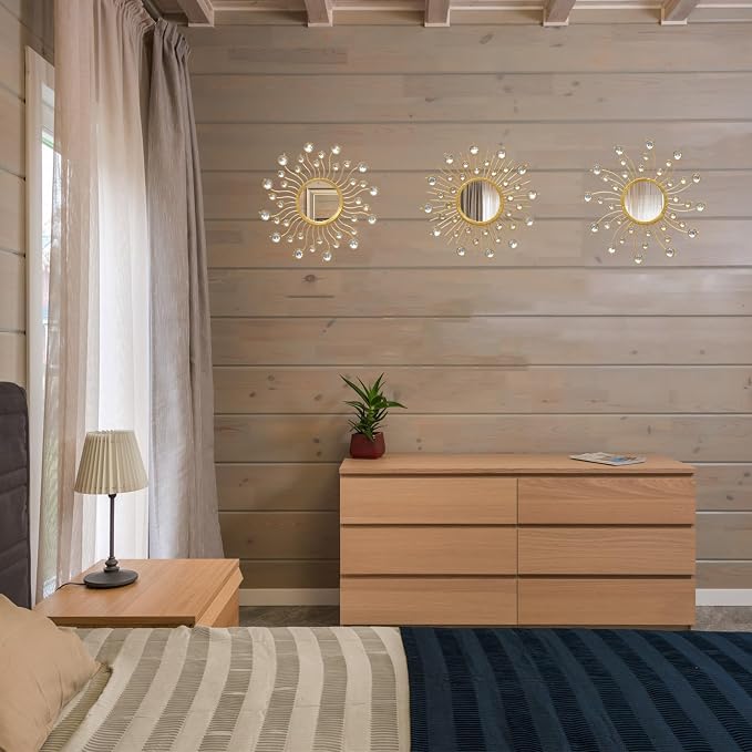 Mirror Wall Decor Sunburst Boho Gold Art Metal Living Room Bedroom Bathroom | Set of 3