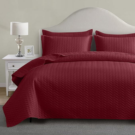 Maple&Stone Burgundy Quilt Set California King Size Bedspread | Breathable Coverlet with Chevron Pattern, All-Season Dorm Bed Cover Set Bedding Decor 3 Piece