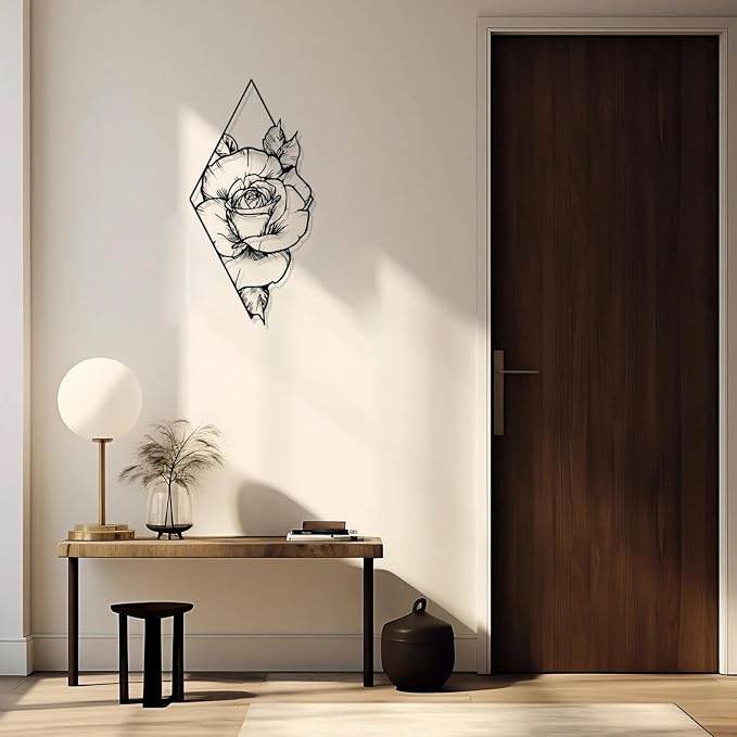 DUOOLN Metal Rose Wall Decor Art, Abstract Floral Hanging Sculpture Sign | Rustic Nature| Abstract Leaf Line Pictures |Rhombus Modern Painting|Silhouettes |Home Garden Bedroom Living Room|15.7×7.87 in