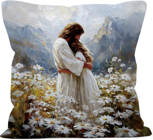 Christian Jesus Throw Pillow Covers Gifts 18x18, Jesus Hugging Woman Girl Decor Pillow Cases for Bedroom Living Room, Religious Cottagecore Decorative Square Pillowcases for Couch Bed Sofa