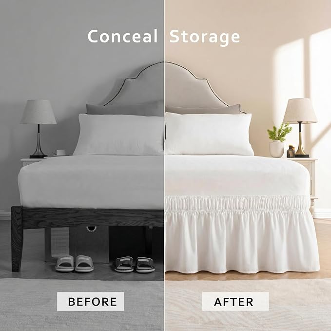 MIYE Wrap Around Ruffled Lace Bed Skirt, Elastic Dust Ruffle with Adjustable Belts, Easy to Put On, Bed Frame Cover, Machine Washable (Classic/White, King/Queen-15 Drop)
