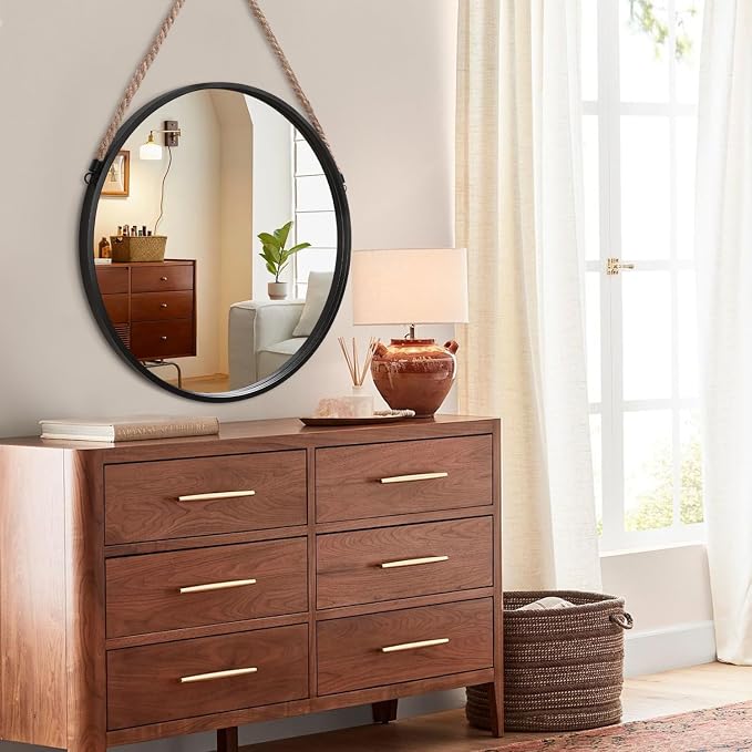 Hanging Circle Mirror Black Metal Framed Round Mirrors with Rope Modern Hanging Mirror for Bathroom Bedroom Living Room Entryway Home Wall Decor 20"