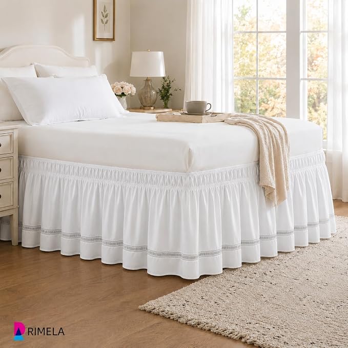 Ruffled Lace Bed Skirt King 15" Drop, Elastic Wrap Around Bedskirt | Solid Ruffled, Easy to Use, No Mattress Lifting, Wrinkle & Fade Resistant, with Adhesive Strips, Machine Wash/Dry/Iron