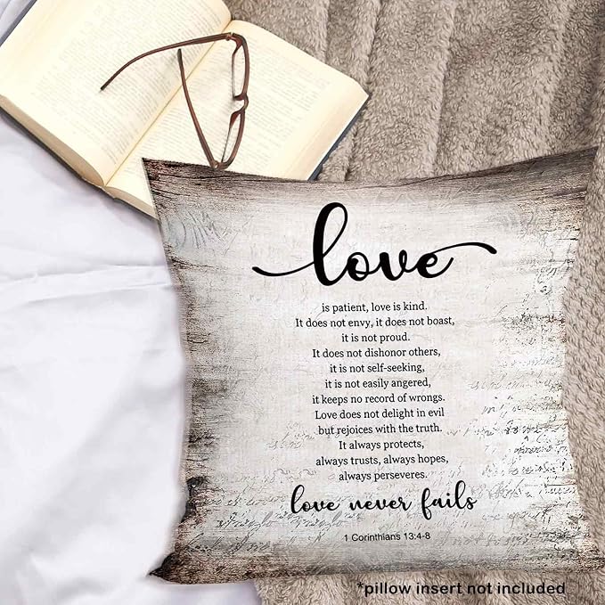 Vintage Christian Bible Verse Love Never Fails Throw Pillow Covers 18x18, Rustic Scripture Corinthians Decor Pillow Cases for Bedroom Living Room, Religious Decorative Pillowcase for Couch Bed