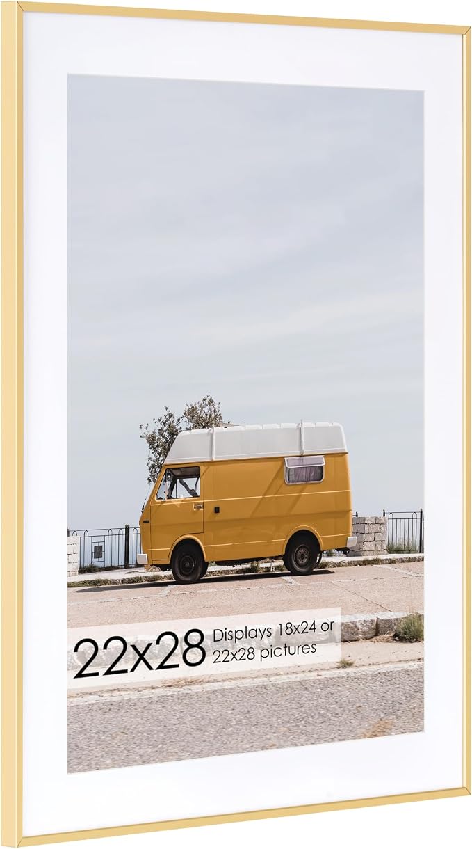 Fun Memories 22x28 Metal Picture Frame with 18x24 Mat, Brushed Aluminum Finish, Tempered Glass Front, and Attached Hanging Hardware - Wall Display Frames for Vertical or Horizontal Orientation - Gold