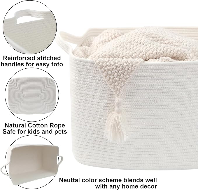 96L Woven Laundry Basket with Handles, Extra Blanket Basket,White | 24"×16"×15" Collapsible Cotton Rope Storage Basket for Toys Clothes & Pillows, Nursery, Bathroom, Bedroom, Living Room