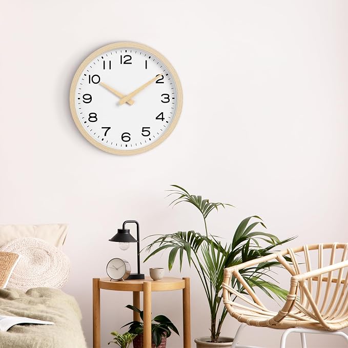 AKCISOT 10 Inch Wall Clock, Silent Battery Operated Analog Clock, Natural | Classroom | Kitchen | Office | Easy to Read Numbers | Garage
