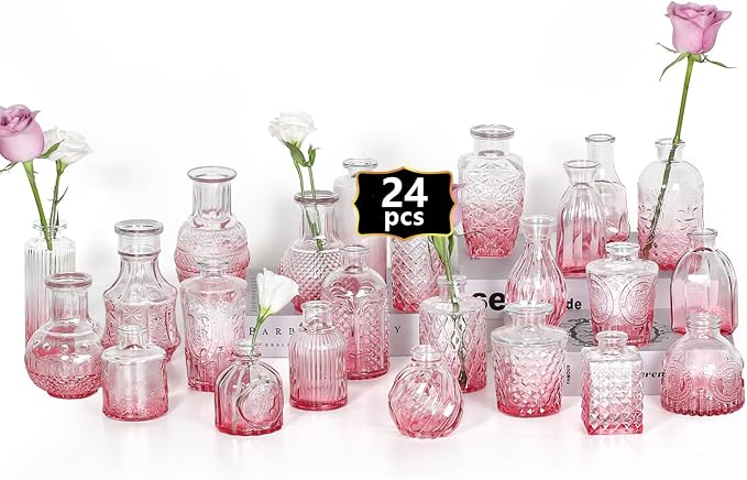 24PCS Mini Bud Vases As Wedding Centerpieces for Tables,Clear Bud Vases for Flowers,Small Flower Vases Suitable for Birthday Party,Anniversary,Wedding Reception,Baby Shower (Light Pink)