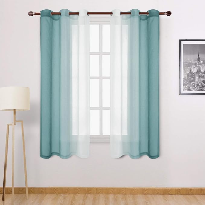 DWCN Faux Linen Ombre Sheer Curtains - Gradient Semi Voile Curtains for Bedroom and Living Room, Set of 2 Grommet Top Window Curtain Panels, 42 x 63 Inches Long, Peacock Blue
