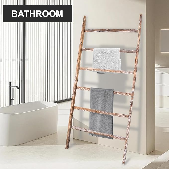 Blanket Ladder Shelf 6.4FT, 38 inch Wide Solid Wooden Blanket Ladder for Living Room, 6-Layer Farmhouse Rustic Quilt Rack for Living Room Bathroom