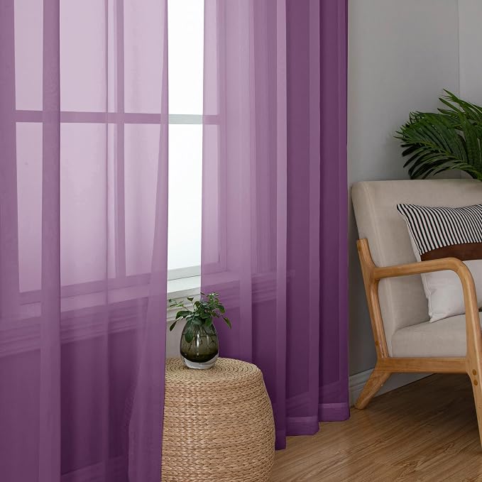 Simplebrand Plum Sheer Curtains 63 Inch Length 2 Panels, Rod Pocket Solid Color Window Sheer Curtain Panels, Elegant Curtains & Drapes for Living Room, Bedroom 2 Panels (Plum, 42" W x 63" L)