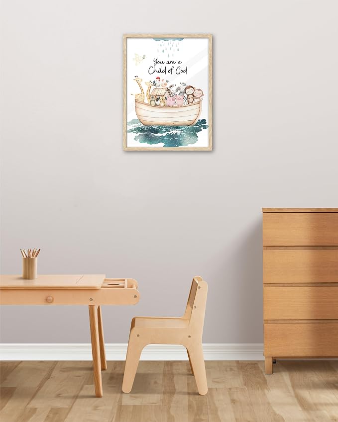 KensTro 12x16 Oak Framed Noah's Ark Child of God Wall Art | Natural Oak Wood Frame with Noah's Ark Animals and Child of God Message for Bedroom, Hallway, Office or Prayer Space