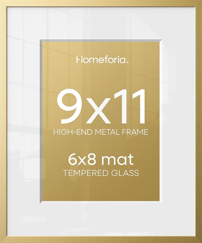 Homeforia 9x11 Gold Picture Frame, High-End Metal, 6x8 Mat, Glass