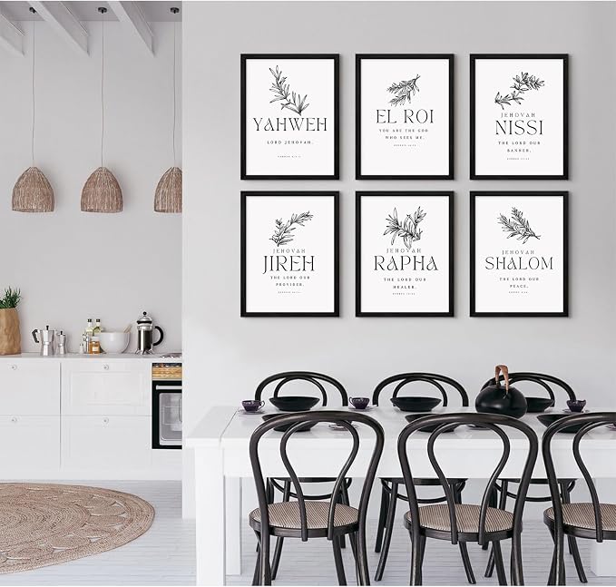 Christian Hebrew Names of God Wall Art Bible Verse Scripture Canvas Wall Decor Art Minimalist Jesus Pictures Modern Christian Poster Artwork Bible Verse Prints for Room 8x10 Inch Framed Set of 6