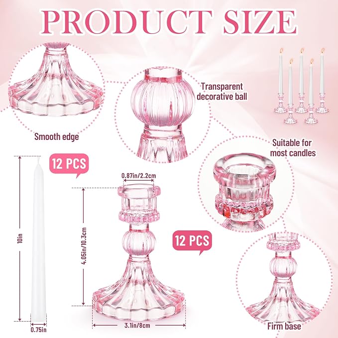 24 Pcs Glass Candle Holder Set 12 Candlestick White Candles,Pink | Clear Glass Holders with Taper Candles for Wedding Party Dinner Table Centerpiece, Elegant Classic Design Event Decor